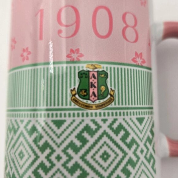 AKA Sorority Coffee Tea Mug Alpha Kappa Alpha Pink Green Flowers Handle New Box - Picture 2 of 9